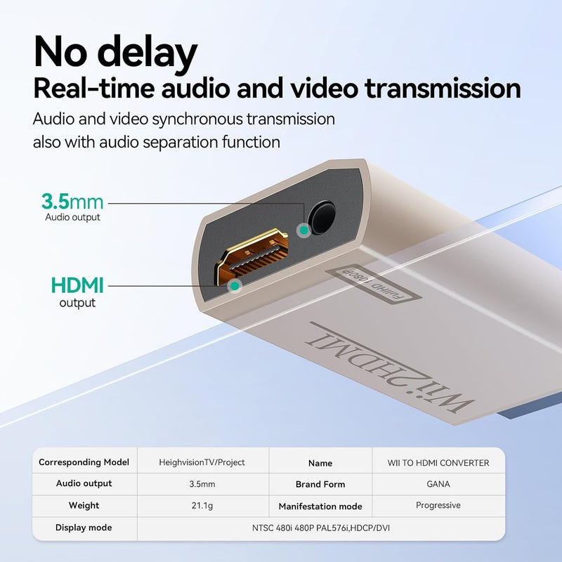 GANA Wii to HDMI Converter Adapter with Hdmi Cable Connect Wii Console to HDMI Display in 1080p Output Video with 3.5mm Audio Supports All Wii Display Modes Khaki - Image 2